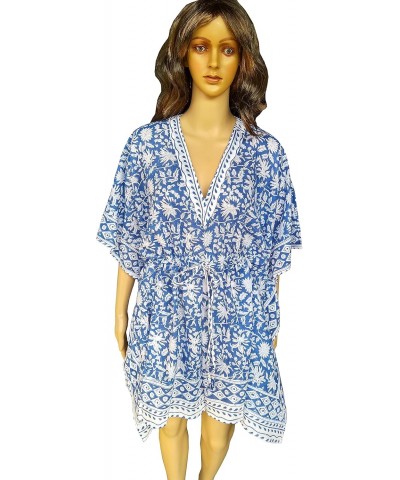 Cotton Hand Block Print Swimsuit Cover-up Beach Caftan Women's Print Kaftan-No-6 Blue $14.16 Swimsuits