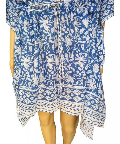 Cotton Hand Block Print Swimsuit Cover-up Beach Caftan Women's Print Kaftan-No-6 Blue $14.16 Swimsuits