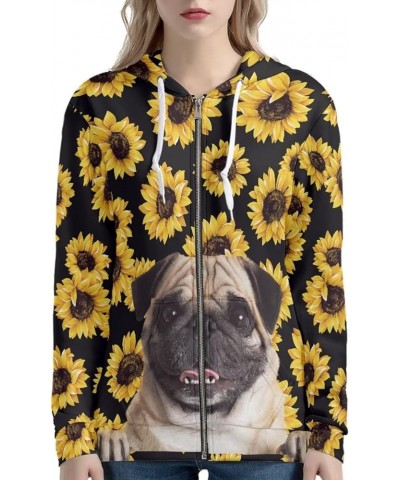 Womens Zip Up Hoodies Long Sleeve Spring Casual Sweatshirts Jacket Trendy Hoodie with Pockets Pug Sunflower Black $21.72 Hood...