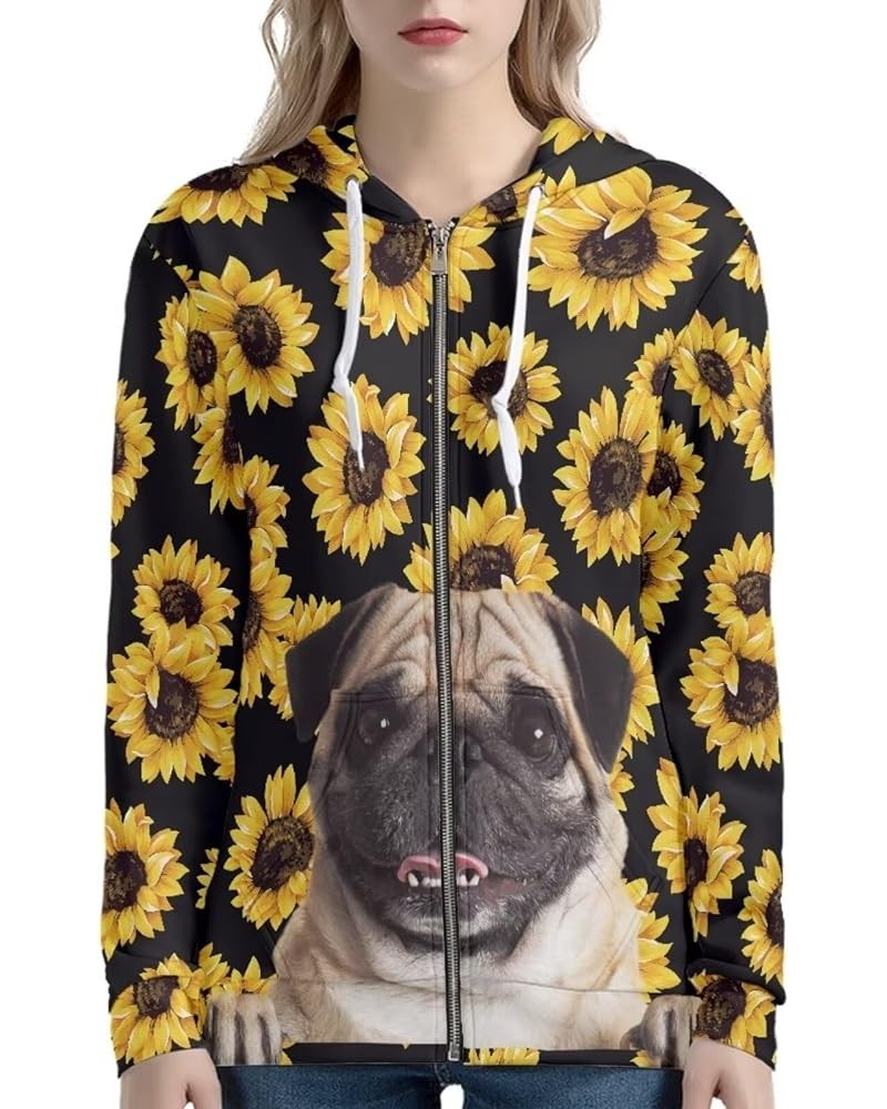 Womens Zip Up Hoodies Long Sleeve Spring Casual Sweatshirts Jacket Trendy Hoodie with Pockets Pug Sunflower Black $21.72 Hood...