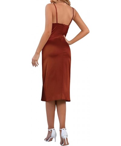 Women's Satin Drape Cowl Neck Sleeveless Strappy Cami Split Slit Party Midi Dress Rust Brown $17.60 Dresses