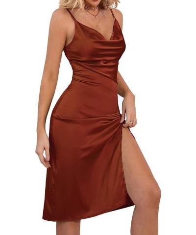 Women's Satin Drape Cowl Neck Sleeveless Strappy Cami Split Slit Party Midi Dress Rust Brown $17.60 Dresses