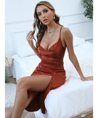 Women's Satin Drape Cowl Neck Sleeveless Strappy Cami Split Slit Party Midi Dress Rust Brown $17.60 Dresses