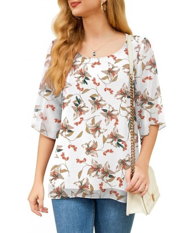 Womens Casual Scoop Neck Blouses 3/4 Sleeve Chiffon Dressy Blouse Tops Shirts 05 Floral White $16.23 Blouses