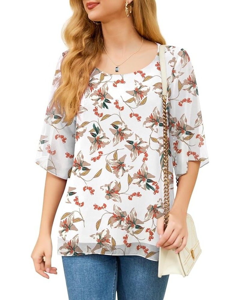 Womens Casual Scoop Neck Blouses 3/4 Sleeve Chiffon Dressy Blouse Tops Shirts 05 Floral White $16.23 Blouses