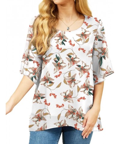 Womens Casual Scoop Neck Blouses 3/4 Sleeve Chiffon Dressy Blouse Tops Shirts 05 Floral White $16.23 Blouses