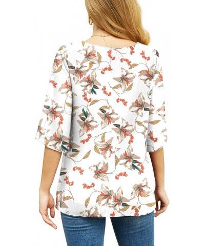 Womens Casual Scoop Neck Blouses 3/4 Sleeve Chiffon Dressy Blouse Tops Shirts 05 Floral White $16.23 Blouses