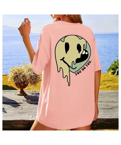 Oversized Graphic Tees for Women Cute Smile Face Shirt Womens Baggy T Shirts Cotton Tops Loose Fit Vintage T-Shirts Pink $9.3...