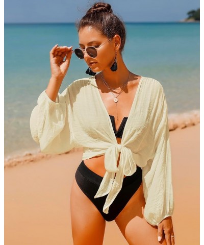 Women's Swimwear Cover Ups Tops Tunic Self-tie Swimsuit Bikini Bathing Suit Long Sleeve Soft Beach Shirt for Women Apricot $1...