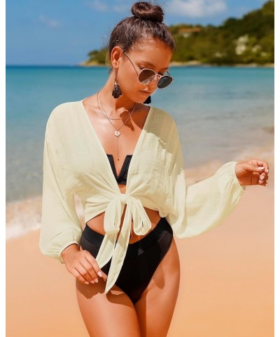 Women's Swimwear Cover Ups Tops Tunic Self-tie Swimsuit Bikini Bathing Suit Long Sleeve Soft Beach Shirt for Women Apricot $1...