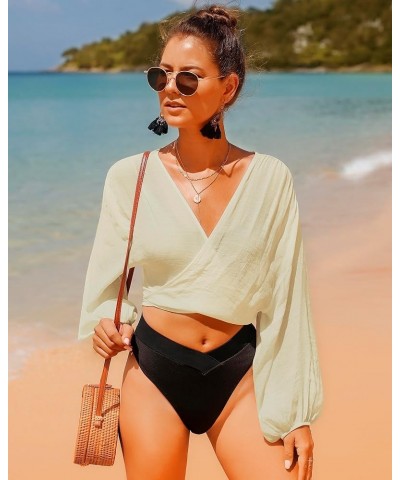 Women's Swimwear Cover Ups Tops Tunic Self-tie Swimsuit Bikini Bathing Suit Long Sleeve Soft Beach Shirt for Women Apricot $1...