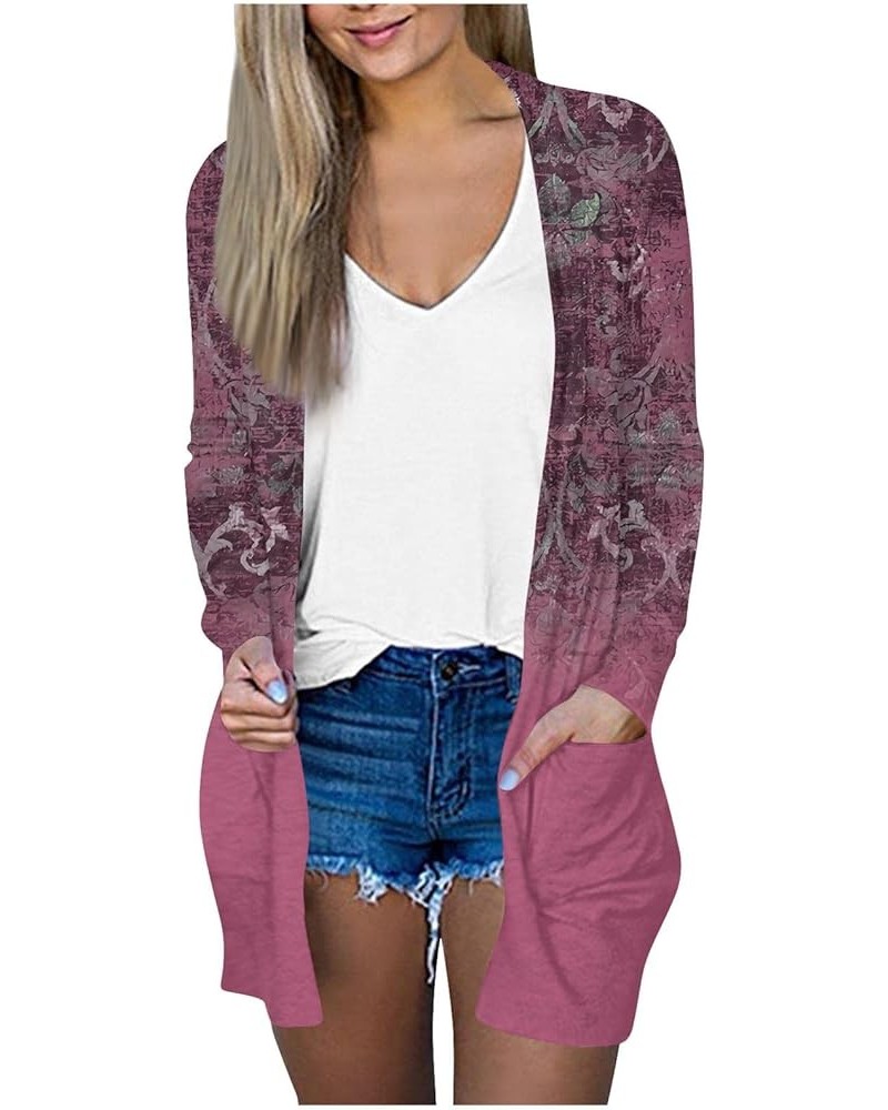 Long Sleeve Cardigan for Women Plus Size Open Front Kimono Cardigan with Pockets Elastic Loose Fit Tunic Shirts 2-hot Pink $1...