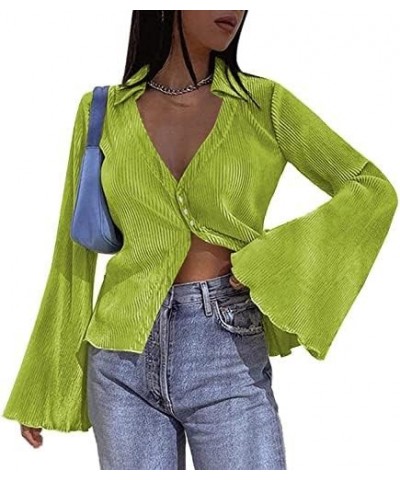 Women's Deep V Neck Shirt Button Front Blouse Bell Long Sleeve Tops Light Green $12.47 Blouses