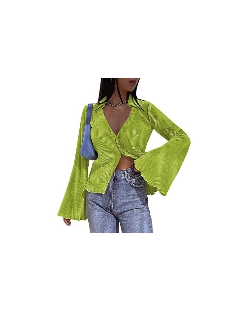 Women's Deep V Neck Shirt Button Front Blouse Bell Long Sleeve Tops Light Green $12.47 Blouses