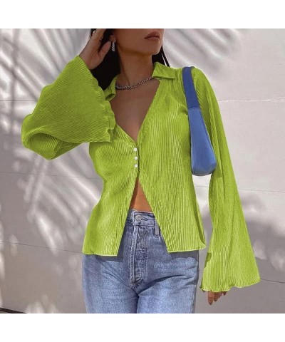 Women's Deep V Neck Shirt Button Front Blouse Bell Long Sleeve Tops Light Green $12.47 Blouses