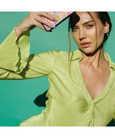 Women's Deep V Neck Shirt Button Front Blouse Bell Long Sleeve Tops Light Green $12.47 Blouses