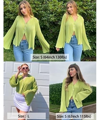 Women's Deep V Neck Shirt Button Front Blouse Bell Long Sleeve Tops Light Green $12.47 Blouses