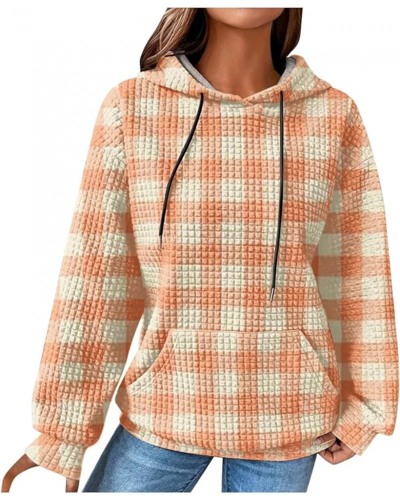 Classic Fit Plaid Sweatshirt for Women Casual Fall Long Sleeve Plus Size Hoodies Waffle Drawstring Relaxed Hooded Pullover 1y...