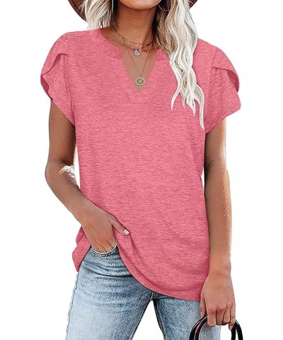 Womens Tops V Neck Summer Petal Sleeve Shirts Casual Loose Basic Tees Watermelon Red $10.79 Tops