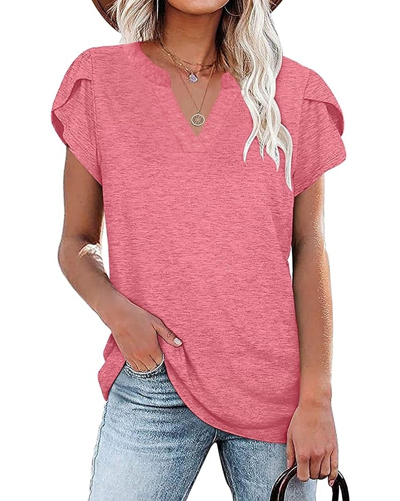 Womens Tops V Neck Summer Petal Sleeve Shirts Casual Loose Basic Tees Watermelon Red $10.79 Tops