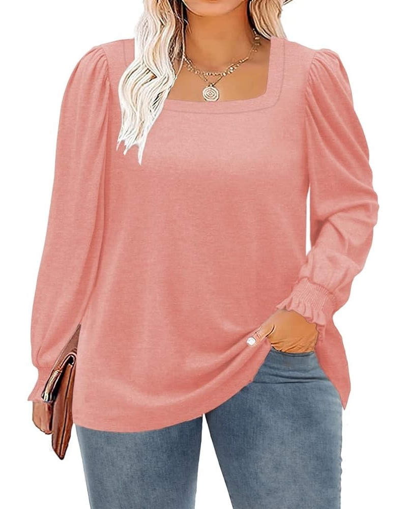 Plus-Size-Tops for Women 2023 Square Neck Puff Long Sleeve Shirts Trendy Blouses Casual Tunics XL-5XL 07_pink $14.88 Tops