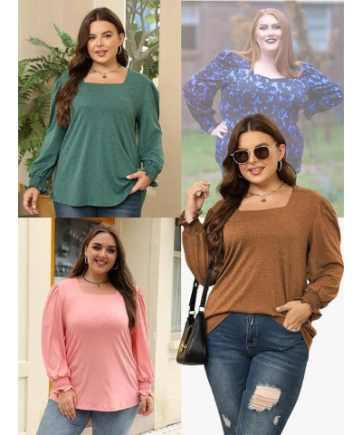 Plus-Size-Tops for Women 2023 Square Neck Puff Long Sleeve Shirts Trendy Blouses Casual Tunics XL-5XL 07_pink $14.88 Tops