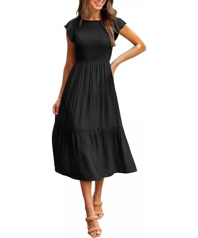 Women Summer Casual Midi Dress Smocked Elastic Waist Midi Dress Boho A-Line Maxi Dress Black $17.20 Dresses