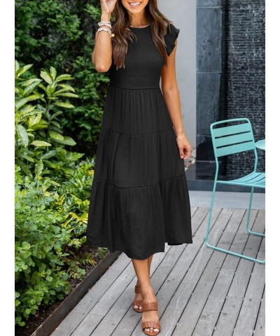 Women Summer Casual Midi Dress Smocked Elastic Waist Midi Dress Boho A-Line Maxi Dress Black $17.20 Dresses