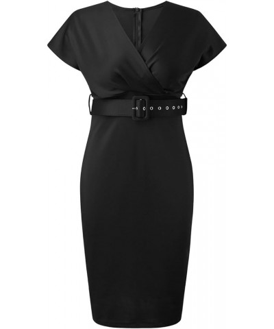 Wedding Guest Dress Women's Slim Bodycon Ruffle Short Sleeve Cocktail Midi Pencil Dress for Wedding Guest Women Cygb-black $1...