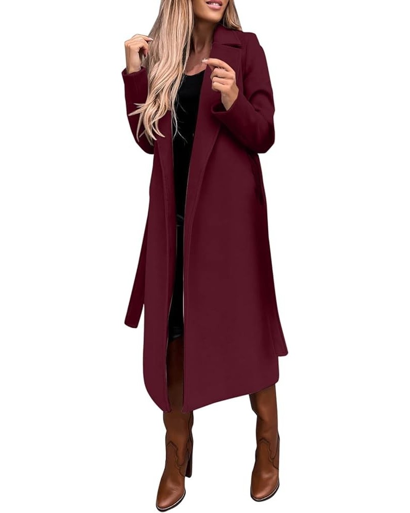 Women's Long Trench Coat Windproof Classic Lapel Slim Overcoat Faux Wool Coat Blouse Ladies Ring Master Jacket with Belt Wine...