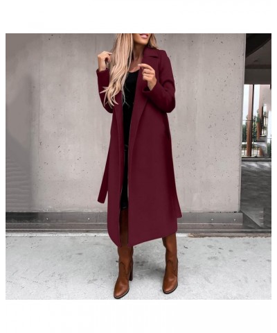 Women's Long Trench Coat Windproof Classic Lapel Slim Overcoat Faux Wool Coat Blouse Ladies Ring Master Jacket with Belt Wine...