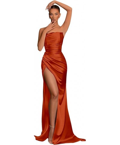 Women's Strapless Bridesmaid Dresses with Slit Pleated Long Mermaid Satin Formal Gown Prom Dress 2024 Burnt Orange $32.99 Dre...