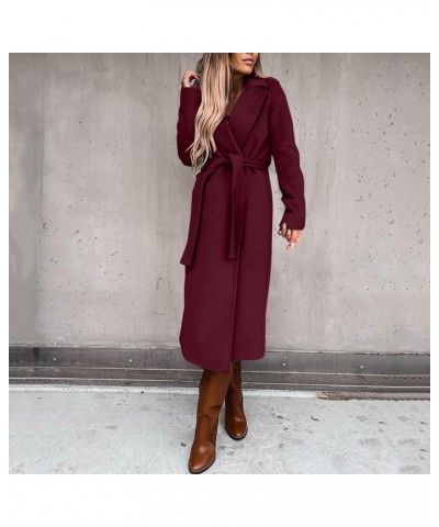 Women's Long Trench Coat Windproof Classic Lapel Slim Overcoat Faux Wool Coat Blouse Ladies Ring Master Jacket with Belt Wine...