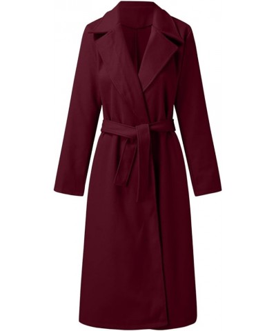 Women's Long Trench Coat Windproof Classic Lapel Slim Overcoat Faux Wool Coat Blouse Ladies Ring Master Jacket with Belt Wine...