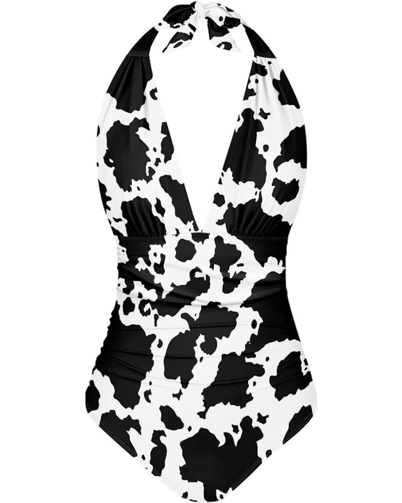 Women's One Piece Swimsuits Tummy Control Bathing Suits Black Cow Print $13.34 Swimsuits