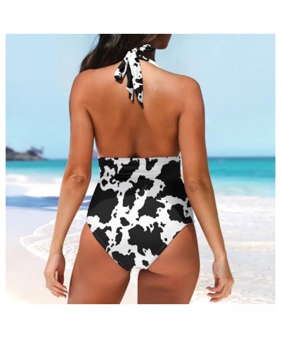 Women's One Piece Swimsuits Tummy Control Bathing Suits Black Cow Print $13.34 Swimsuits