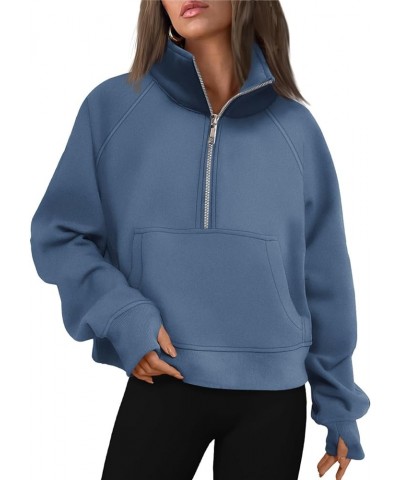 Womens Sweatshirts Half Zip Cropped Pullover Fleece Quarter Zipper Hoodies Fall outfits Clothes Thumb Hole Blue $16.32 Hoodie...