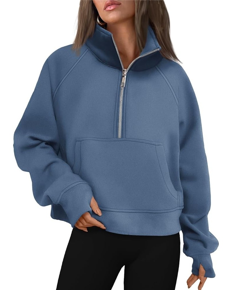 Womens Sweatshirts Half Zip Cropped Pullover Fleece Quarter Zipper Hoodies Fall outfits Clothes Thumb Hole Blue $16.32 Hoodie...