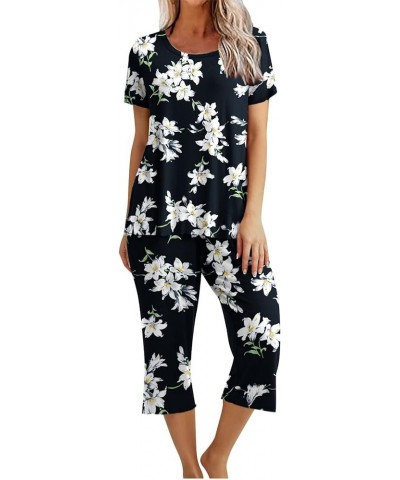 Women's Pajama Set - Sleepwear Tops with Capri Pants Casual Cute Prints Matching Pajama Set Two-Piece Pjs Lounge Sets A 37_bl...