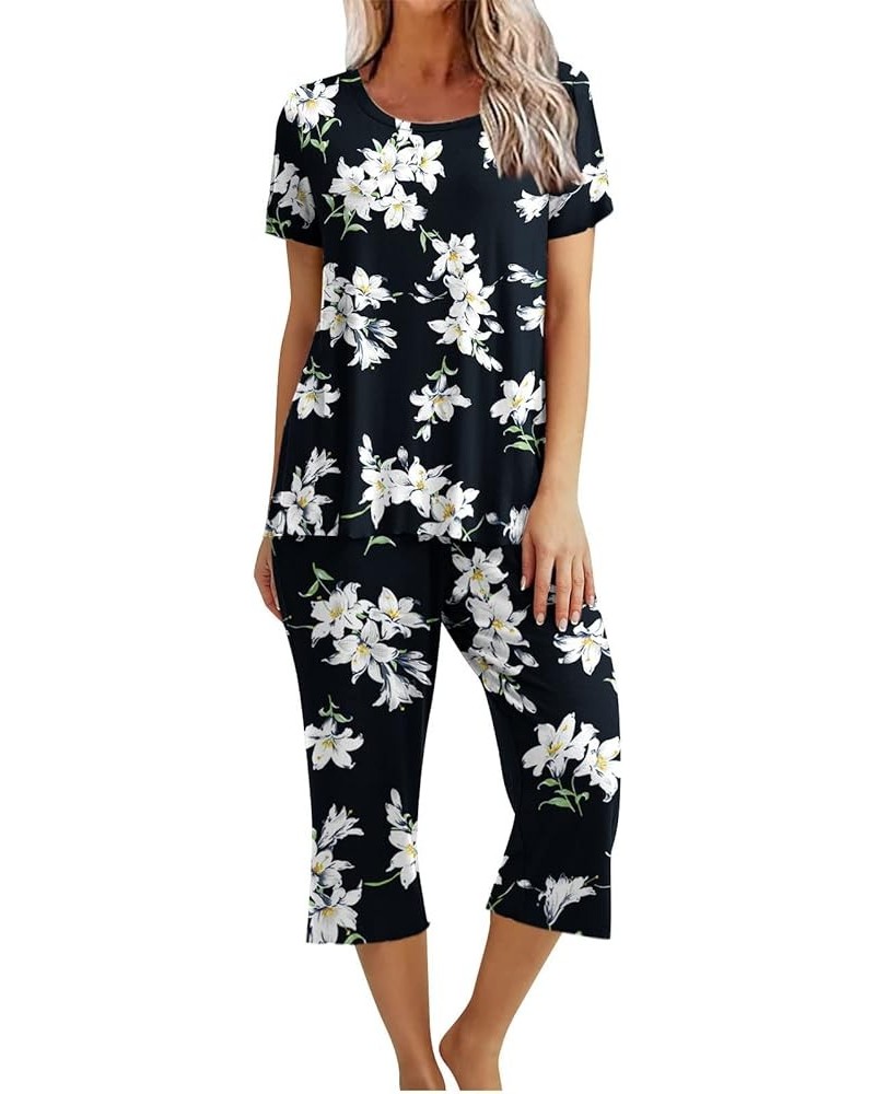 Women's Pajama Set - Sleepwear Tops with Capri Pants Casual Cute Prints Matching Pajama Set Two-Piece Pjs Lounge Sets A 37_bl...