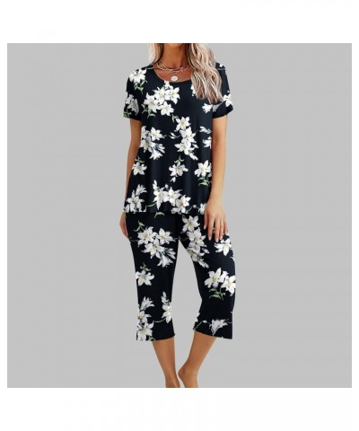 Women's Pajama Set - Sleepwear Tops with Capri Pants Casual Cute Prints Matching Pajama Set Two-Piece Pjs Lounge Sets A 37_bl...