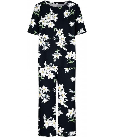 Women's Pajama Set - Sleepwear Tops with Capri Pants Casual Cute Prints Matching Pajama Set Two-Piece Pjs Lounge Sets A 37_bl...