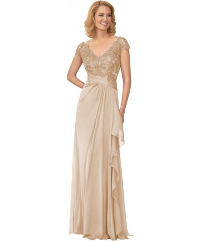 Mother of The Bride Dresses with Cap Sleeves Long V Neck Lace Applique Formal Evening Gown Champagne $43.00 Dresses