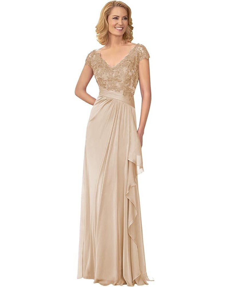 Mother of The Bride Dresses with Cap Sleeves Long V Neck Lace Applique Formal Evening Gown Champagne $43.00 Dresses