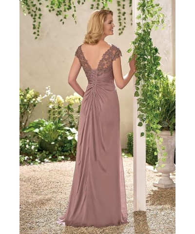 Mother of The Bride Dresses with Cap Sleeves Long V Neck Lace Applique Formal Evening Gown Champagne $43.00 Dresses