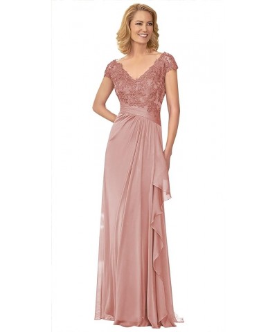 Mother of The Bride Dresses with Cap Sleeves Long V Neck Lace Applique Formal Evening Gown Champagne $43.00 Dresses