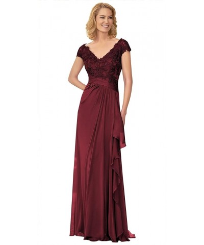 Mother of The Bride Dresses with Cap Sleeves Long V Neck Lace Applique Formal Evening Gown Champagne $43.00 Dresses