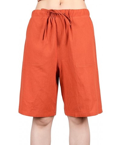 Women's Drawstring Linen Bermuda Shorts for Women Elastic Waist Summer Cotton Short Brownish Red $7.79 Shorts