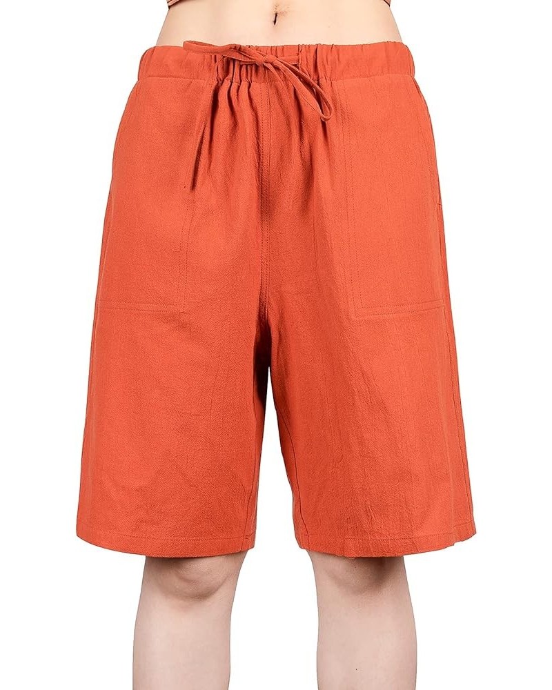 Women's Drawstring Linen Bermuda Shorts for Women Elastic Waist Summer Cotton Short Brownish Red $7.79 Shorts