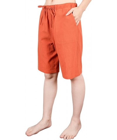 Women's Drawstring Linen Bermuda Shorts for Women Elastic Waist Summer Cotton Short Brownish Red $7.79 Shorts